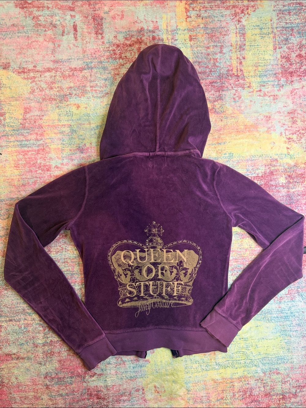 💜VINTAGE -broken zipper Couture Purple Velour Kids Hooded Jacket